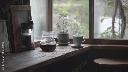 Wallpaper Mural Glass coffee pot and cup on rustic wooden surface near window Torontodigital.ca
