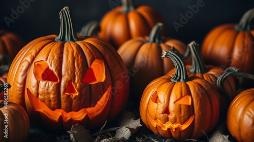 Pumpkins. Halloween pumpkin. Pumpkins with cut out scary physiognomy
