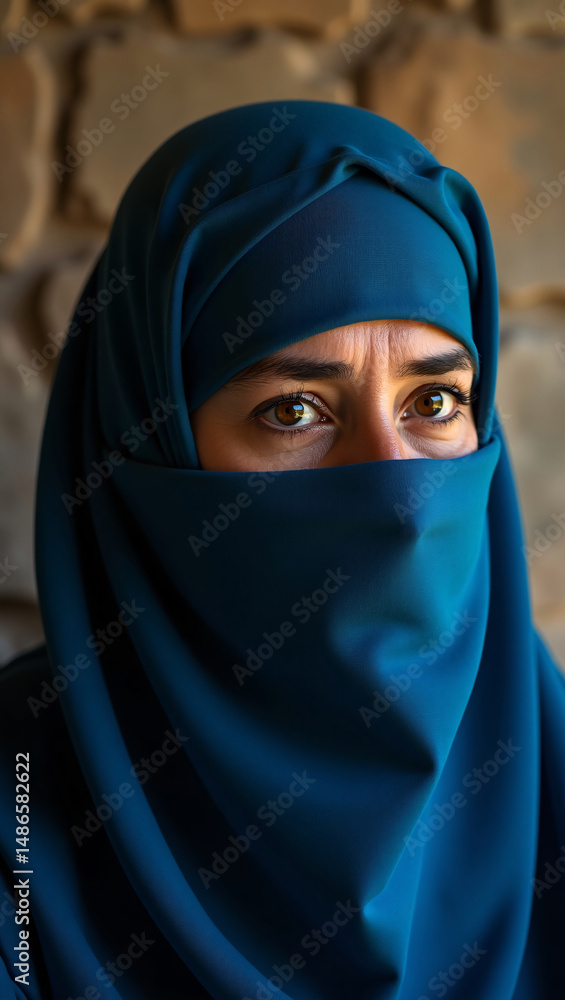Naklejka premium A woman in a blue hijab gazing with intent. Her eyes capture an expression of contemplation.