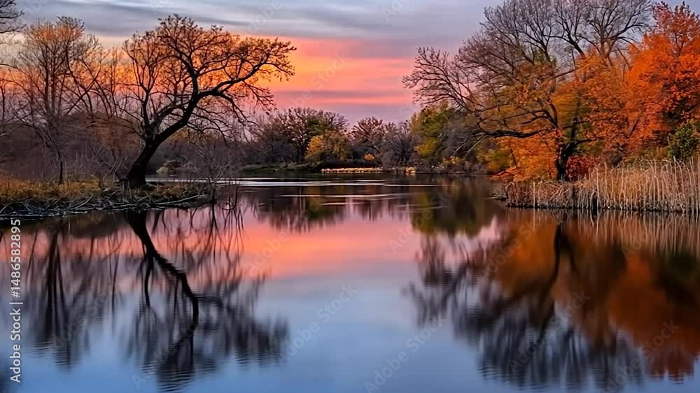 Autumnal Reflections: Serene River Landscape at Dusk, Nature's Tranquil Beauty Autumnal Reflections: Serene River Landscape at Dusk, Nature's Tranquil Beauty