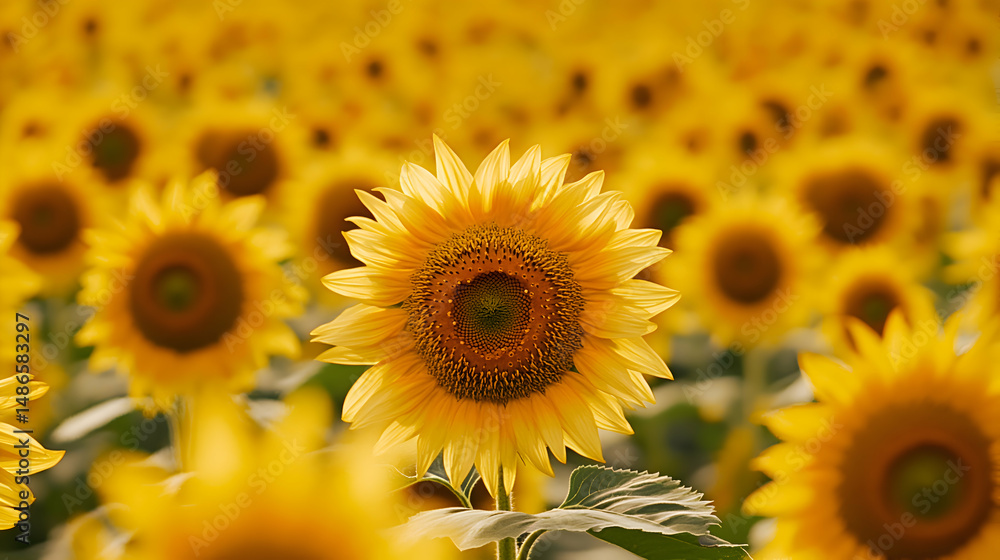 Fototapeta premium A vibrant sunflower field stretching toward the horizon, with golden light illuminating the scene