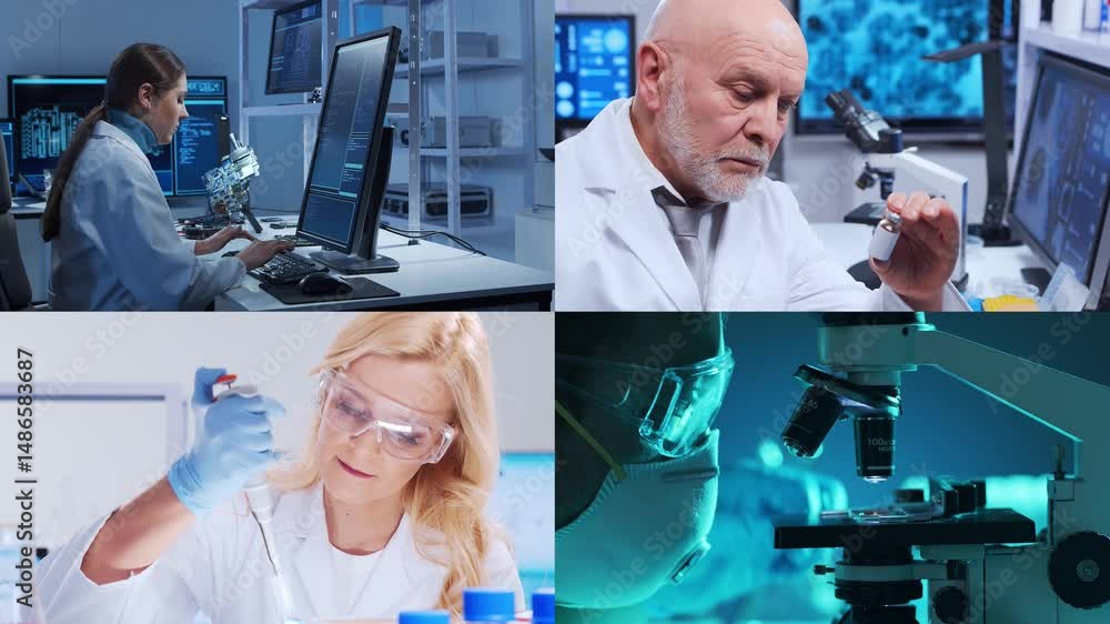 custom made wallpaper toronto digitalScientists, lab equipment and microscopes in biomedical innovations and clinical studies. Technology and medical concept. Ideal for educational content. Collage.