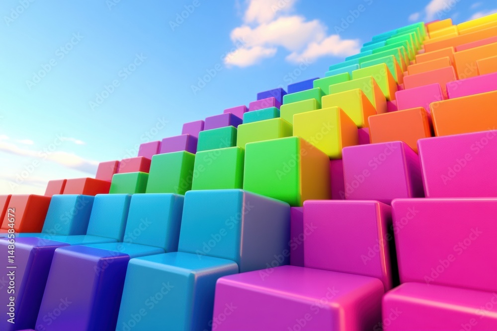 Obraz premium Colorful isometric 3D preschool background featuring rainbow blocks arranged in step patterns against a clear sky backdrop