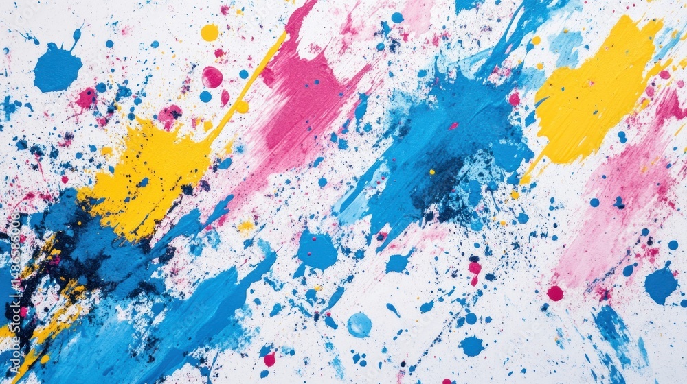Fototapeta premium Abstract paint splatter background blue pink yellow colors creative texture energetic design