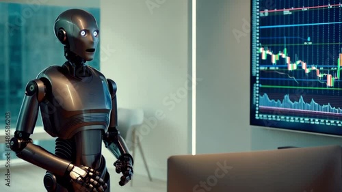 Robot analyzes stock market chart data on a large monitor screen.