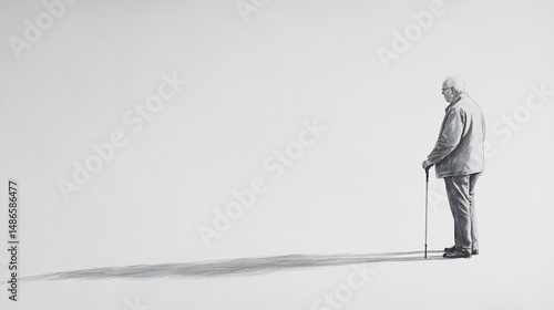 Solitary elderly man with walking stick, contemplative pose