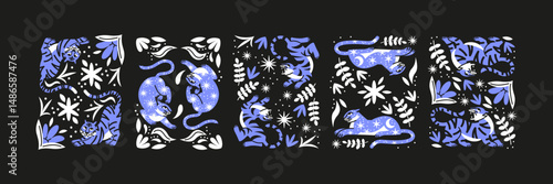 Retro 90s Tropical Posters Featuring Tigers and Leaves — Asian-Inspired Floral Patterns with Tigers and Leopards