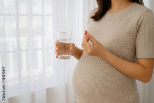 A pregnant woman holds a glass of water in one hand and a red supplement pill in the other, preparing to take it.