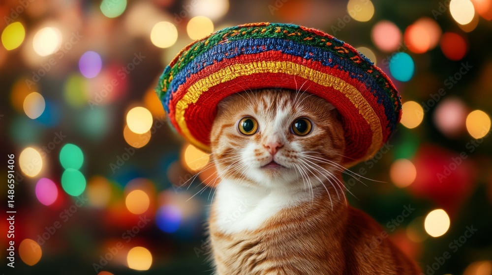 Fototapeta premium Orange Tabby Cat Wearing Colorful Sombrero Festive Christmas Lights Background