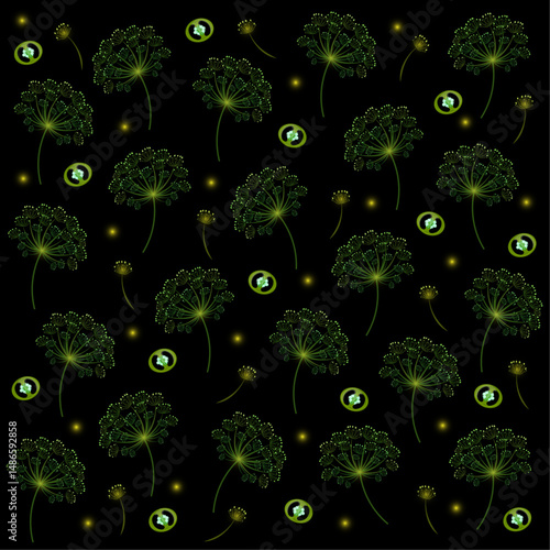 Dill and green bitter chili pepper pattern on black background