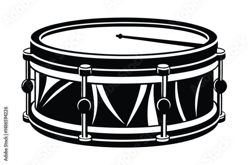 Drum with drumstick in black and white evokes musical rhythms of jazz