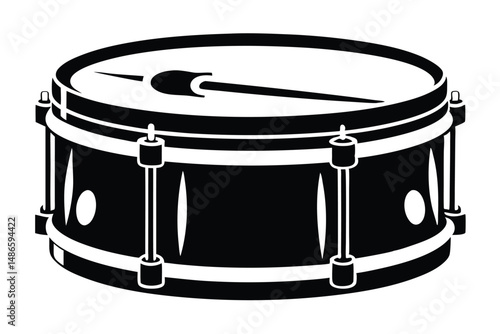 Monochrome illustration portrays a simple drum isolated on a white background, showing musical details