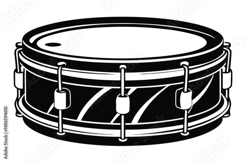 An outlined drawing in black and white depicts a snare drum instrument