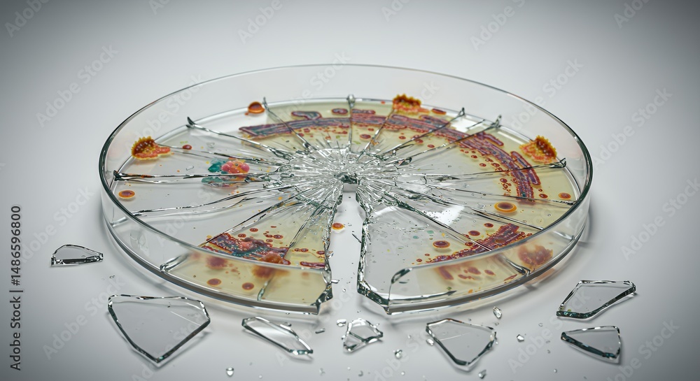 Splintered Petri Dish Holding Culture Remnants Isolated on White Screen Showing Scientific Disappointment and Failed Experiment with Broken Glass and Visible Texture Details