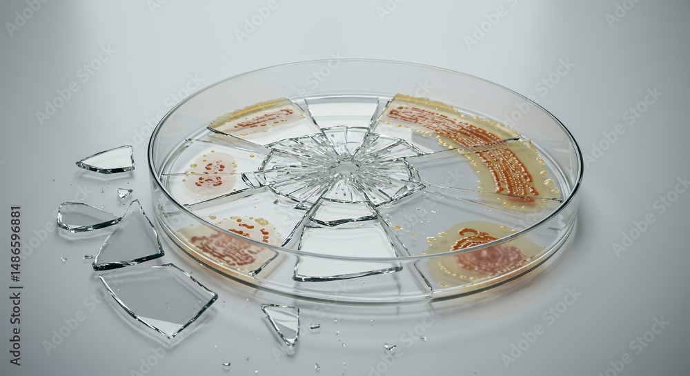 Sterile Splintered Petri Dish with Culture Remnants Isolated on White Screen Scientific Disappointment Symbol Glass Shards Laboratory Research Object Still Life