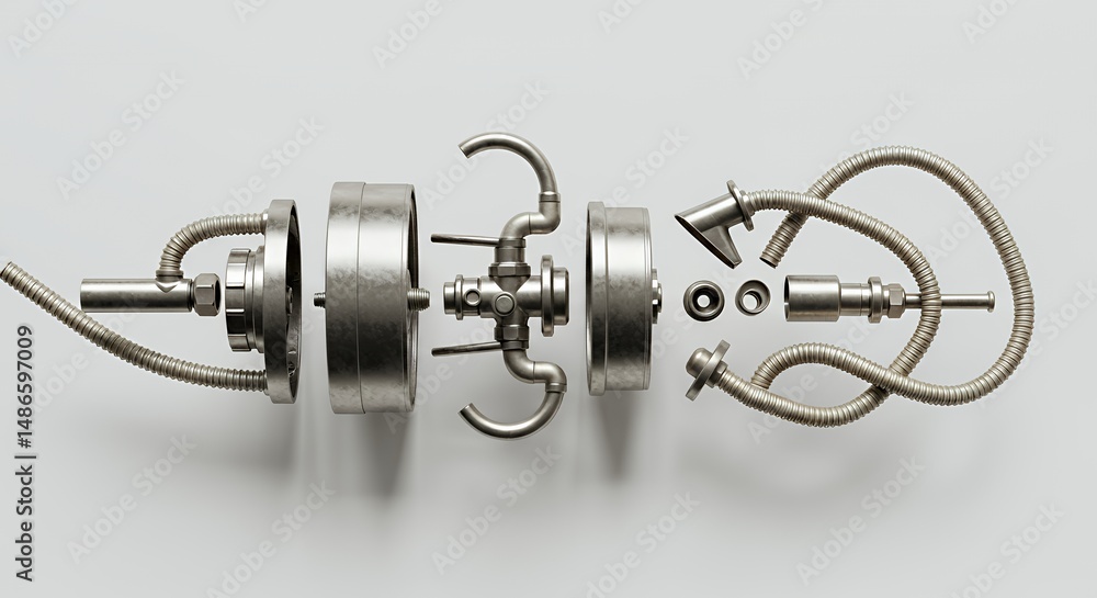 Surreal Disassembled Ventilator Sculpture Meticulously Arranged Isolated on White Screen Background and Clean Studio Shot Evoking Medical Concept Theme and Perfect for Decoration