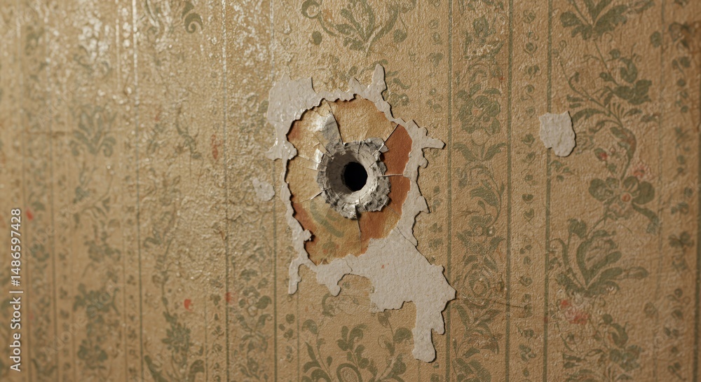 Wall Damage with Bullet Hole Isolated on White Screen Background Displaying Peeling Wallpaper Perfect for Destruction and Repair Themes