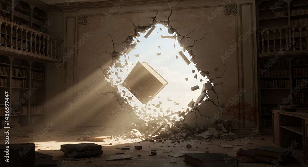 Wall Damage with Colossal Book Falling Showing Crumbling Plaster on Isolated White Screen Background Depicts Forgotten Library Damage Reuse Recycle