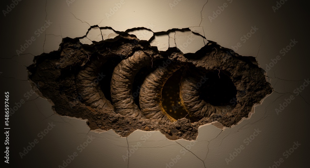 Wall Damaged By Implacable Robotic Arms Claw Illustrating Twisted Metal and Pulverized Plaster Isolated on White Screen Background Perfect For Ads and Promotions