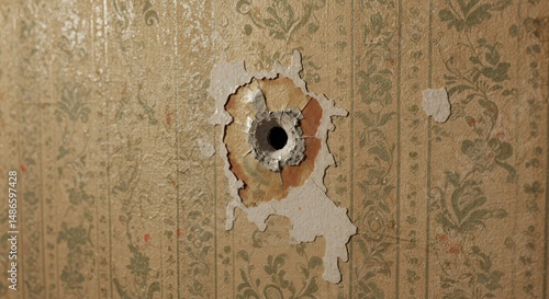Obraz na płótnie Wall Damage with Bullet Hole Isolated on White Screen Background Displaying Peeling Wallpaper Perfect for Destruction and Repair Themes w salonie