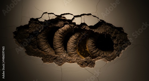 Obraz na płótnie Wall Damaged By Implacable Robotic Arms Claw Illustrating Twisted Metal and Pulverized Plaster Isolated on White Screen Background Perfect For Ads and Promotions w salonie