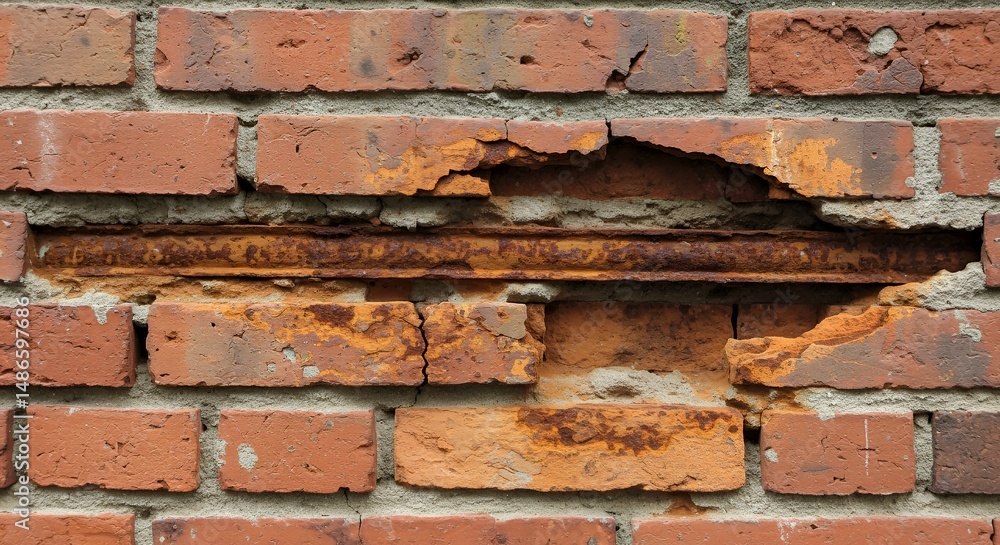 Weathered Brick Wall With Horizontal Cavity and Rusted Iron Bar Isolated on White Screen Background For Ads Promotion and Recycle Concepts
