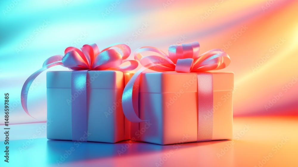 Fototapeta premium A blue-pink present box, with two birds perched on it, stood out against a vibrant purple backdrop