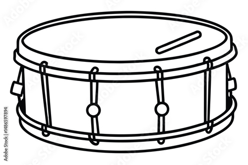 Isolated black line drawing shows marching band drum with a drumstick on top