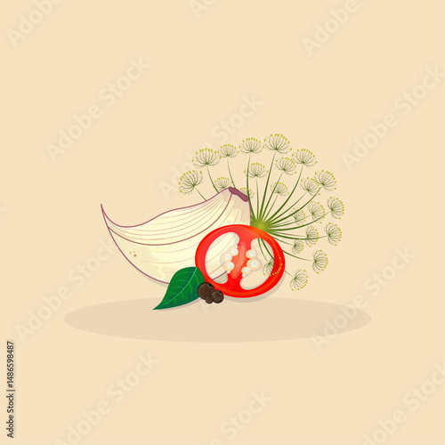 Garlic, red pepper and dill on a beige background
