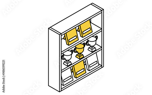 Simple and cute isometric line art illustration of a trophy case decorated with trophies and shields