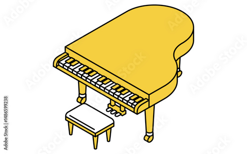 Simple and cute isometric line art illustration of a music room with a grand piano with the lid closed