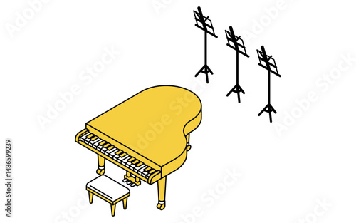 Simple and cute isometric line art illustration of a grand piano and music stand