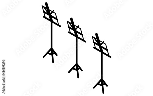 Simple and cute isometric line art illustration of three music stands in a row