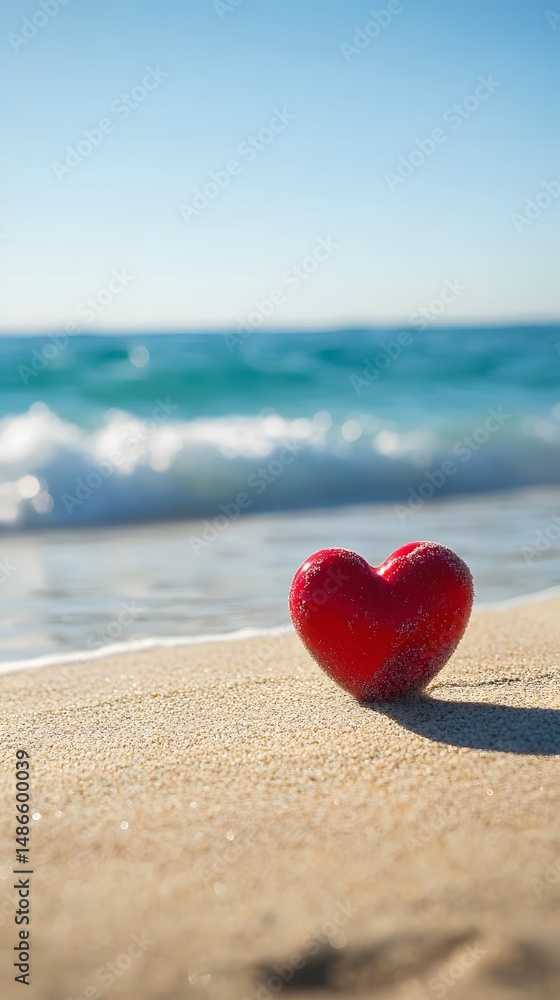 Fototapeta premium Red Heart on Sandy Beach Summer Ocean Love