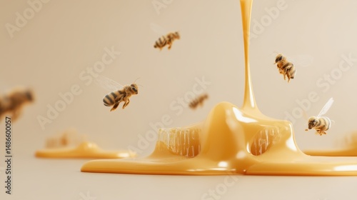 Clean honeycomb structure with glossy honey and hovering bees in a minimalist setting
