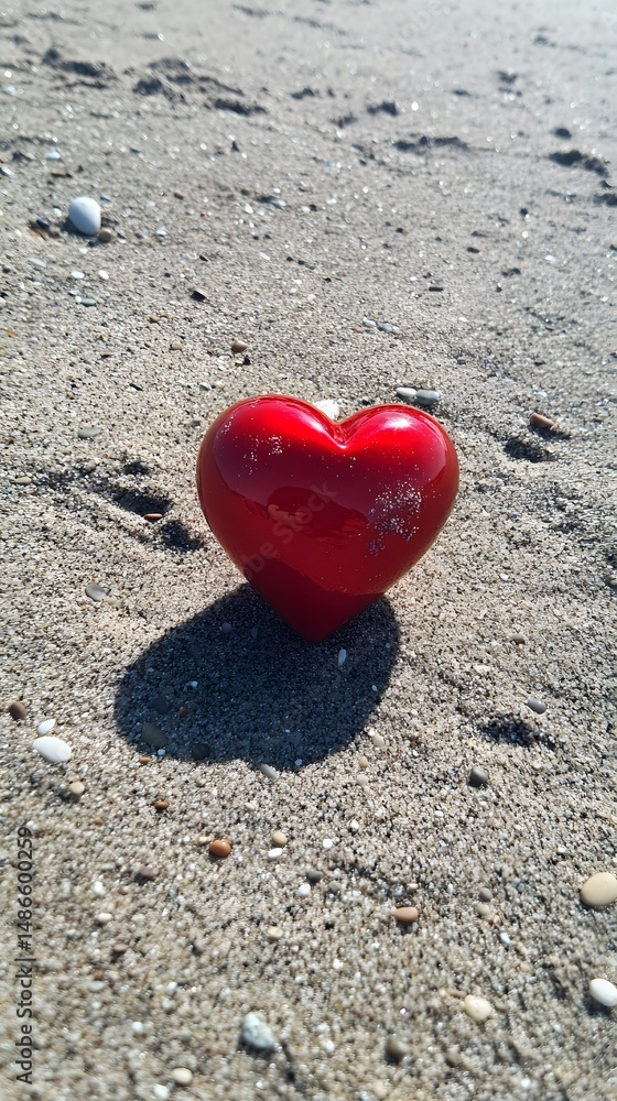 Fototapeta premium Red Heart on Sandy Beach Summer Romance