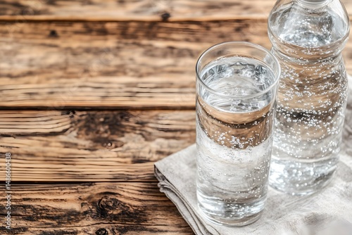 Sparkling Water Glass Bottle Wooden Table Refreshing Drink Bubbles