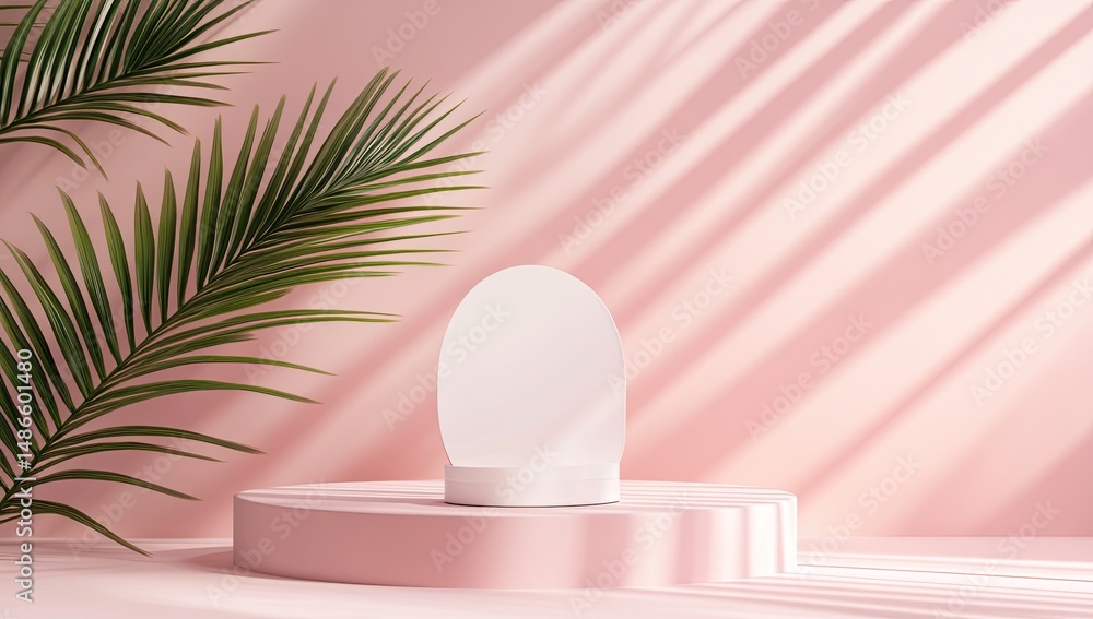 Fototapeta premium Soft pink podium with oval display and palm leaves