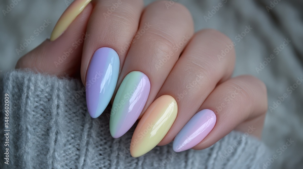 Pastel Rainbow Ombre Nail Art Design on Woman's Hand Closeup Stylish Manicure Trend Pastel Rainbow Ombre Nail Art Design on Woman's Hand Closeup Stylish Manicure Trend