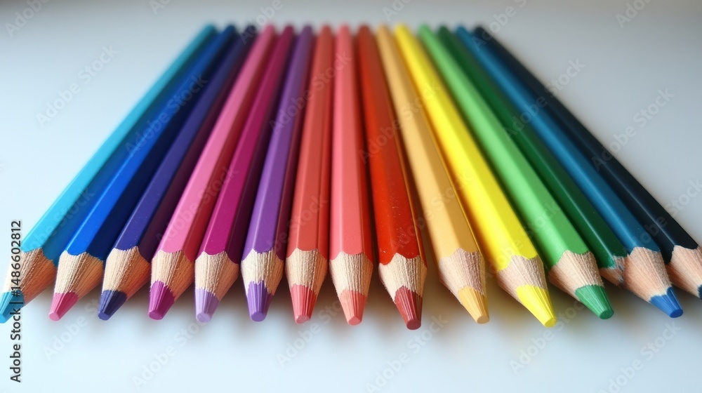 Fototapeta premium Colorful pencils row vibrant hues and wooden textures for art and design