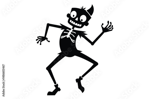 Playful cartoon skeleton with large eyes joyfully dances against a stark white background