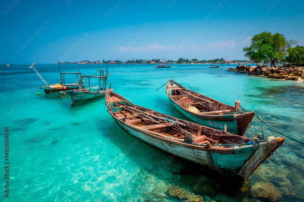 Three weathered boats rest in tranquil turquoise waters off a tropical island. Lush greenery and distant buildings create a picturesque coastal backdrop on a bright day Three weathered boats rest in tranquil turquoise waters off a tropical island. Lush greenery and distant buildings create a picturesque coastal backdrop on a bright day