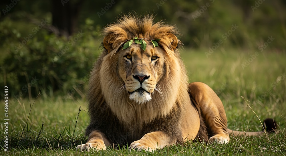 Fototapeta premium Majestic lion king with leaf crown resting in green grass wildlife animal nature photography portrait big cat