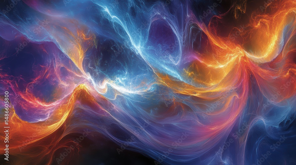 Fototapeta premium Abstract swirling fiery and icy blue and orange energy, nebula, cosmic clouds.
