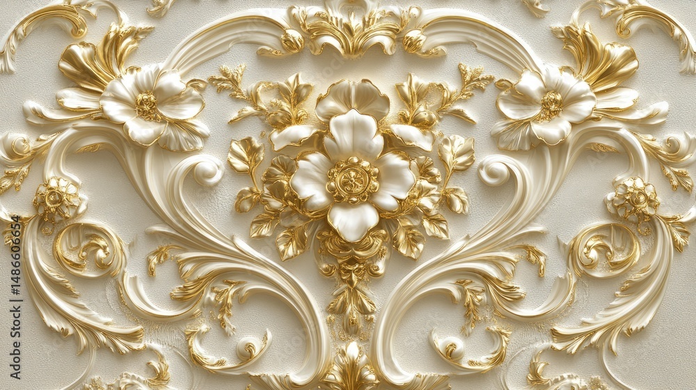 Ornate white and gold decorative relief panel. Ornate white and gold decorative relief panel.