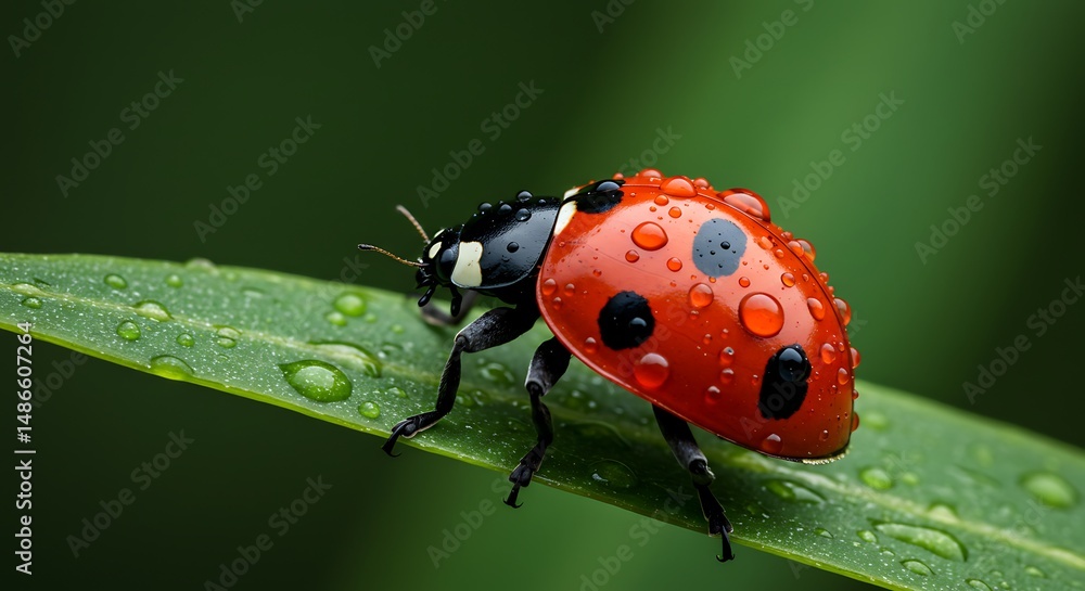 Detailed Macro of a Red Ladybug Covered in Water Droplets on a Green Leaf Portraying Freshness and Natural Beauty Detailed Macro of a Red Ladybug Covered in Water Droplets on a Green Leaf Portraying Freshness and Natural Beauty