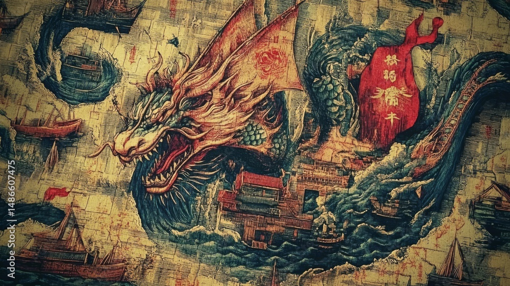 Fototapeta premium Vintage Dragon Map Art