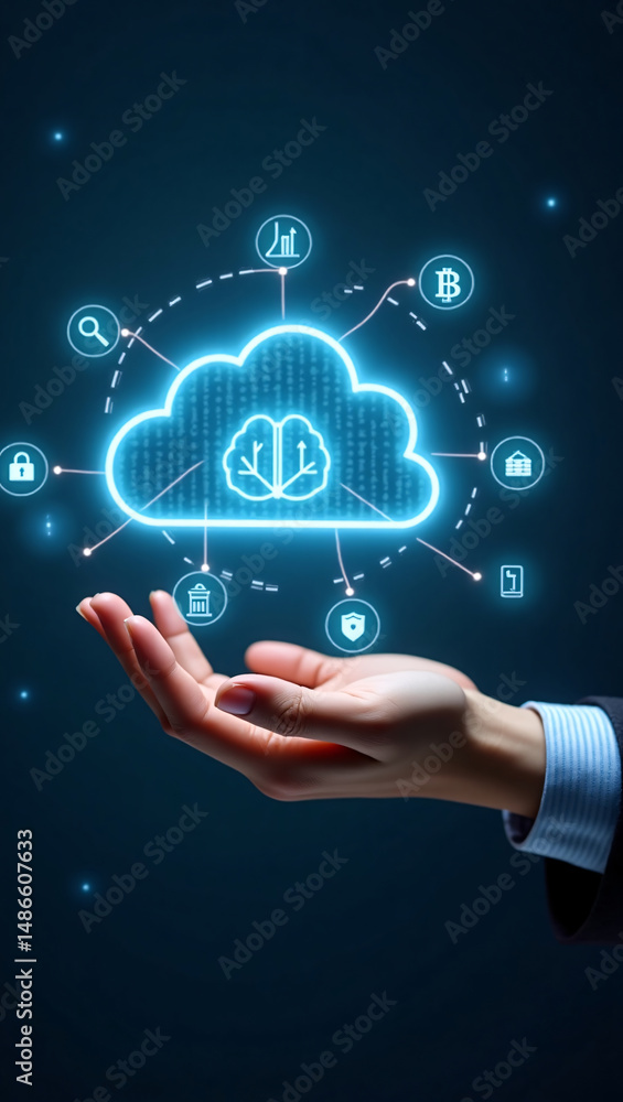 A hand is holding a glowing cloud-shaped data icon, surrounded by connected icons on a dark blue background. It represents the concept of cloud computing and data storage A hand is holding a glowing cloud-shaped data icon, surrounded by connected icons on a dark blue background. It represents the concept of cloud computing and data storage