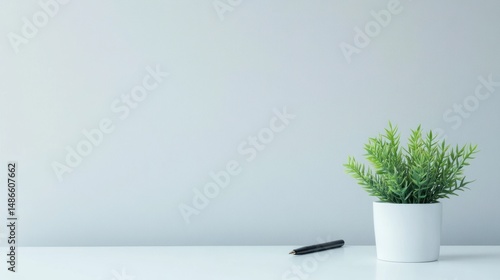 Simple workspace green plant and pen on white desk light gray background