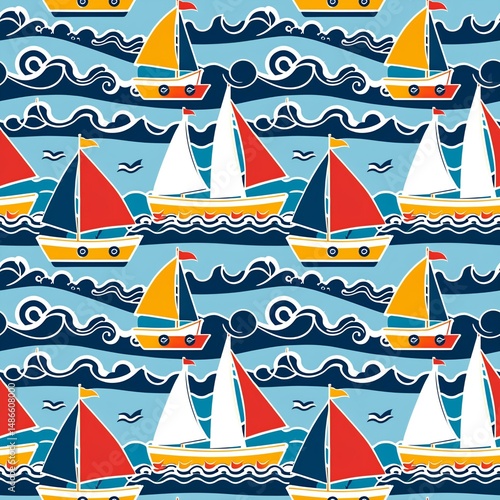 sailboats and waves in summer theme